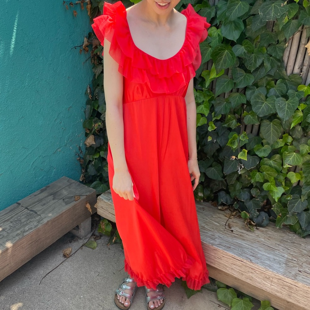 Vintage Nylon 60s 70s Boho Red Ruffle Trim Jumpsuit